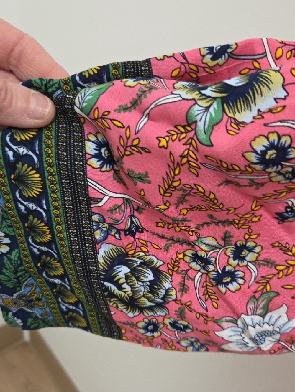 Anthropologie Coral-Pink Floral Kimono Robe with Navy Border - Picture 4 of 5
